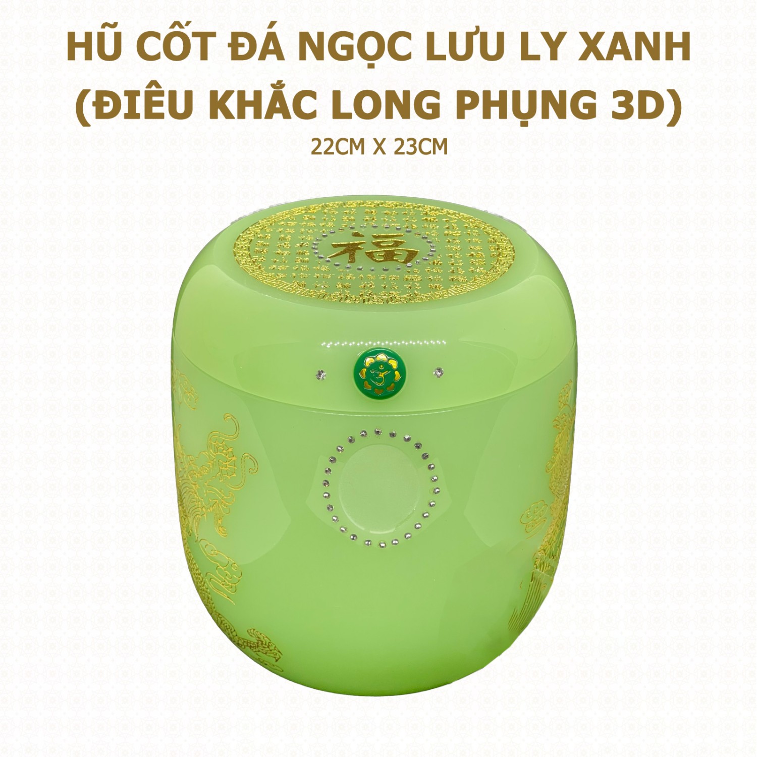 Hũ Cốt Đá Ngọc Lưu Ly Xanh (Điêu Khắc Long Phụng 3D) 22cm x 23cm - HP-23