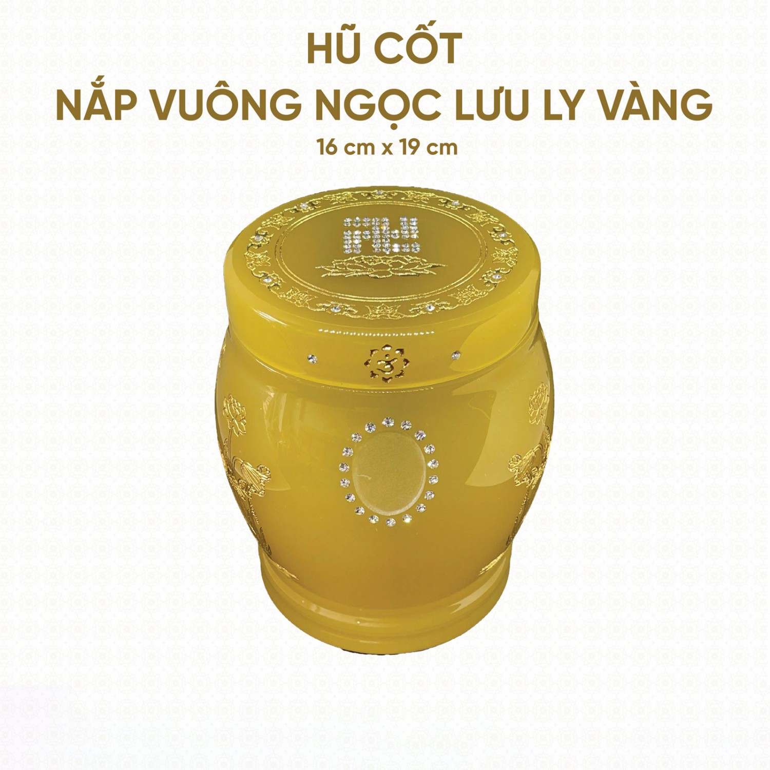 Hũ Cốt Đá Ngọc Lưu Ly Vàng (Điêu khắc bát nhã tâm kinh) 16cm x 19cm - HP-24