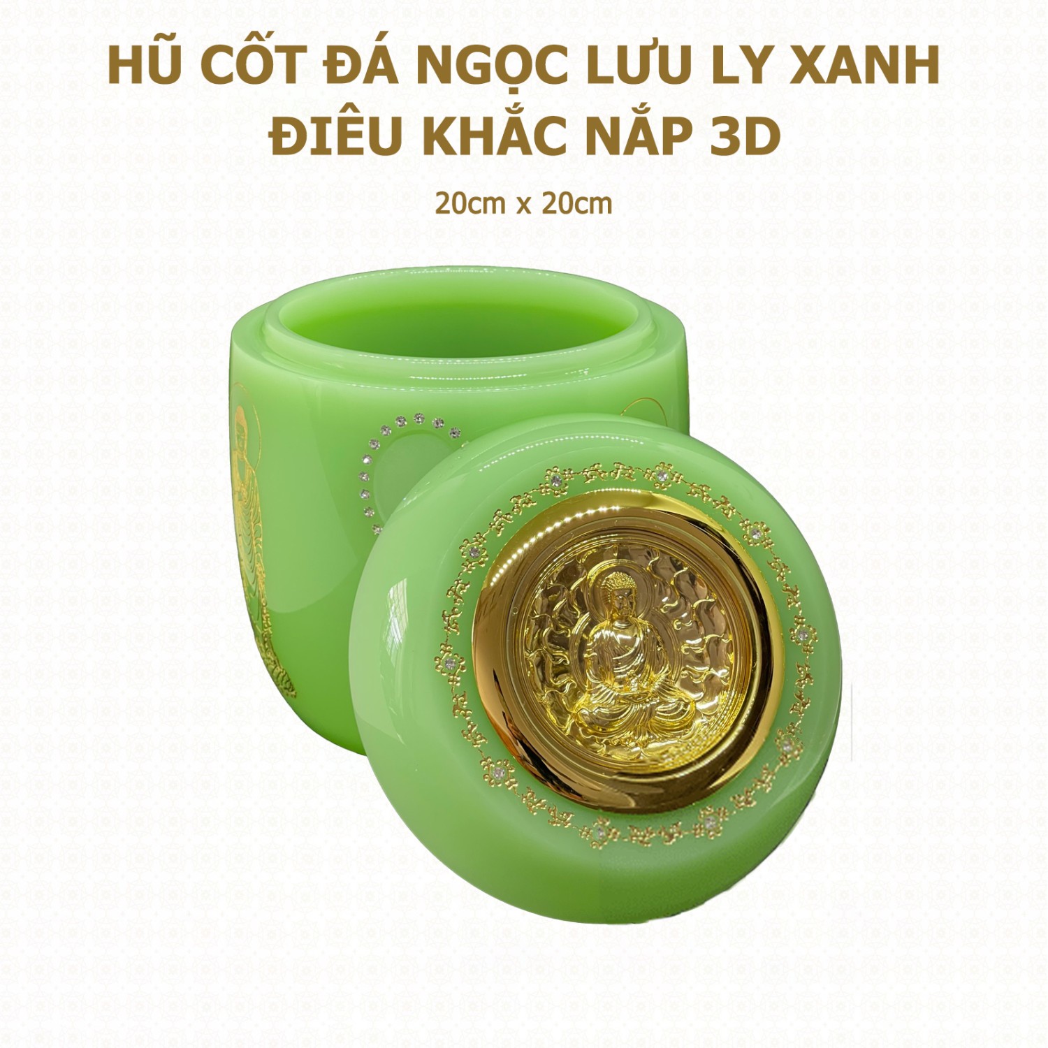 Hũ Cốt Đá Ngọc Lưu Ly Xanh (Điêu Khắc Nắp 3D) 20cm x 20cm - HP-30