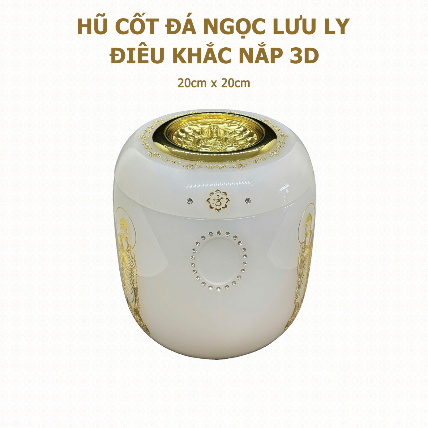 Hũ Cốt Đá Ngọc Lưu Ly Trắng (Điêu Khắc Nắp 3D) 20cm x 20cm - HP-31